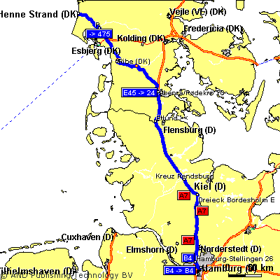 Weg nach Henne Strand von Hamburg ber A7 Richtung Flensburg